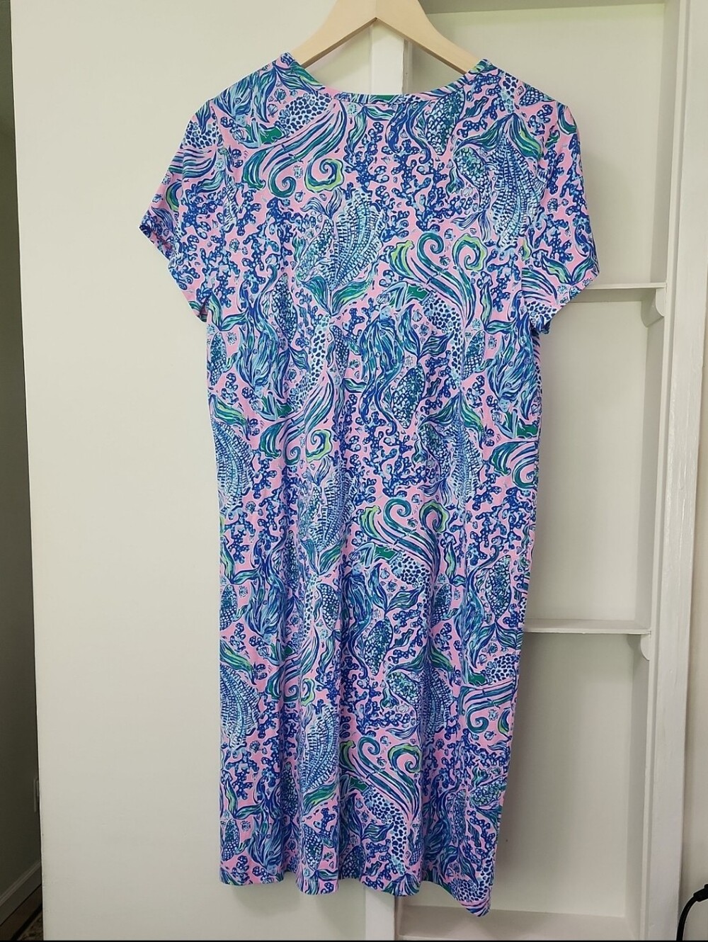 Lilly Pulitzer Etta Short Sleeve V-Neck Dress L We Mermaid It Pima Cotton Large - Picture 6 of 14